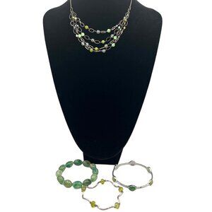 Vintage Multi-Strand Necklace & Bracelets Set - Green & Silver